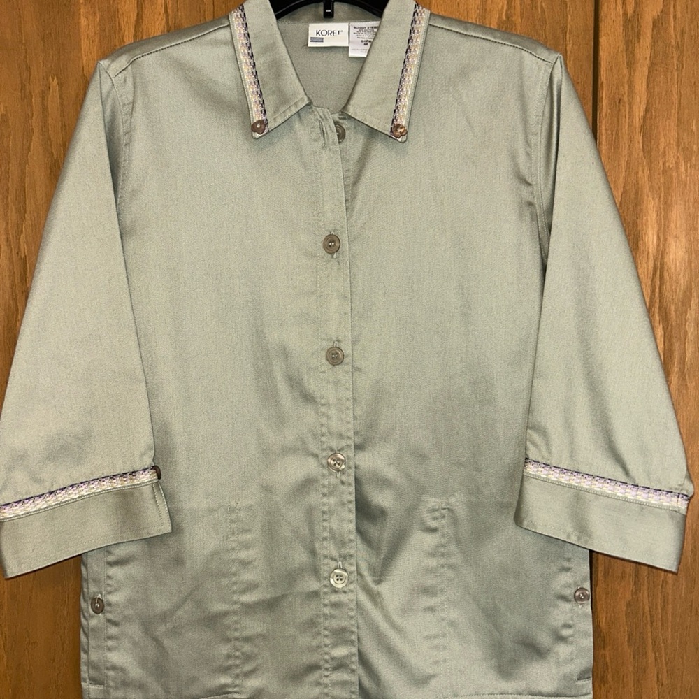 Koret Olive Button-Up Jacket with Embroidered Detail 3/4 Sleeve